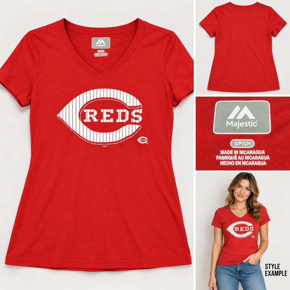 Majestic Cincinnati Reds Women’s Red V-Neck Graphic Tee Size Small